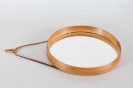 Uno and Osten Kristiansson Round Mirror of Oak with Leather Strap for Hanging by Luxus Vittsjö Sweden, 1970