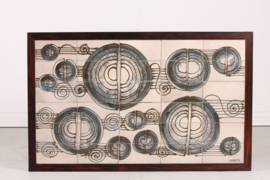 Danish Modern Oblong Coffee Table in Dark Wood and Ceramic Tiles from L. Hjorth, Abstract Decor, 1960s