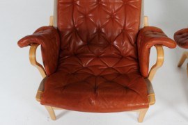 Pair Bruno Mathsson Pernilla Easy Chairs, Beech Wood with Cognac Colored Leather. Dux Sweden 1970s. Scandinavian Modern.