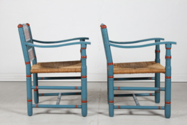 Pair of Antique Farmer Chairs of Blue and Red Painted Wood with Cord Seats Denmark 1880s. In the Style of Axel Einar Hjorth / Thorvald Bindesbøll.