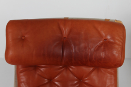 Pair Bruno Mathsson Pernilla Easy Chairs, Beech Wood with Cognac Colored Leather. Dux Sweden 1970s. Scandinavian Modern.