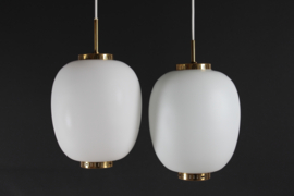 Set of 2 Bent Karlby China Pendants Made of Opaline Glass and Brass by Lyfa, 1960s