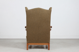 Stunning High Back King Chair of Solid Oak with Greenish Wool Denmark 1930-40. In the  Style of Axel Einar Hjorth/Henning Kjærnulf.