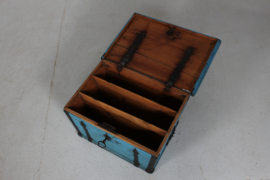 Kid Size Antique Swedish Campaign Chest/Storage Box with Patinated Blue Paint and Iron 1850s