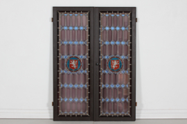 Set of Old Leaded Windows with Colored Panes in Frame of Dark Wood, Denmark 1940s