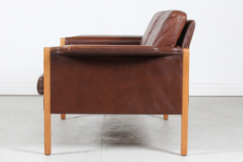 Finn Juhl style Two-Seat Sofa with Dark Cognac-Colored Leather Made in Denmark. Mid-century Modern