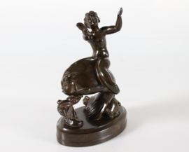 Just Andersen Figurine of Boy on Large Fish Made of Disco Metal, Denmark 1940s.