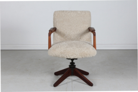 Hans J. Wegner Style Vintage Swivel Chair Reupholstered with New Sheepskin 1940s. Danish Modern Furniture.