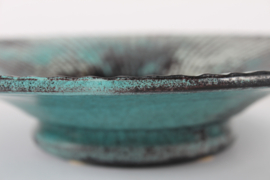 H. A. Kähler Art Deco Low Ceramic Bowl by Nils Kähler with Fluted Design and Verdigris Green Glaze  1930s