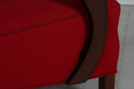 Pair of Art Deco Easy Chairs in Viggo Boesen Style, Dark Stained Beech + Red Wool, Denmark 1930's
