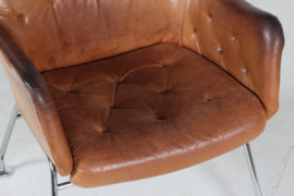 Mirja Dux Easy Chair Cognac Colored Leather Cushions Scandinavian Modern 1970s
