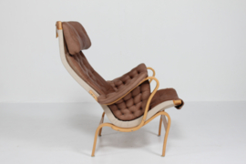 SOLD - Bruno Mathsson Pernilla Lounge Chair incl. Stool of Chocolate Coloured Leather for Dux 1970s. Scandinavian Modern.