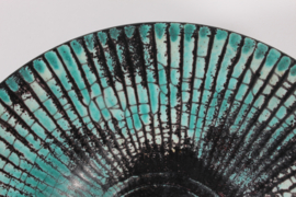 H. A. Kähler Art Deco Low Ceramic Bowl by Nils Kähler with Fluted Design and Verdigris Green Glaze  1930s