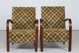 Danish Art Deco 2 Club Chairs Almost Identical of Dark Wood and Checked Velour, 1940s