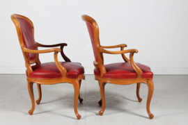 Pair Danish Rococo Armchairs of Walnut and Red Aniline Leather from ca. 1880