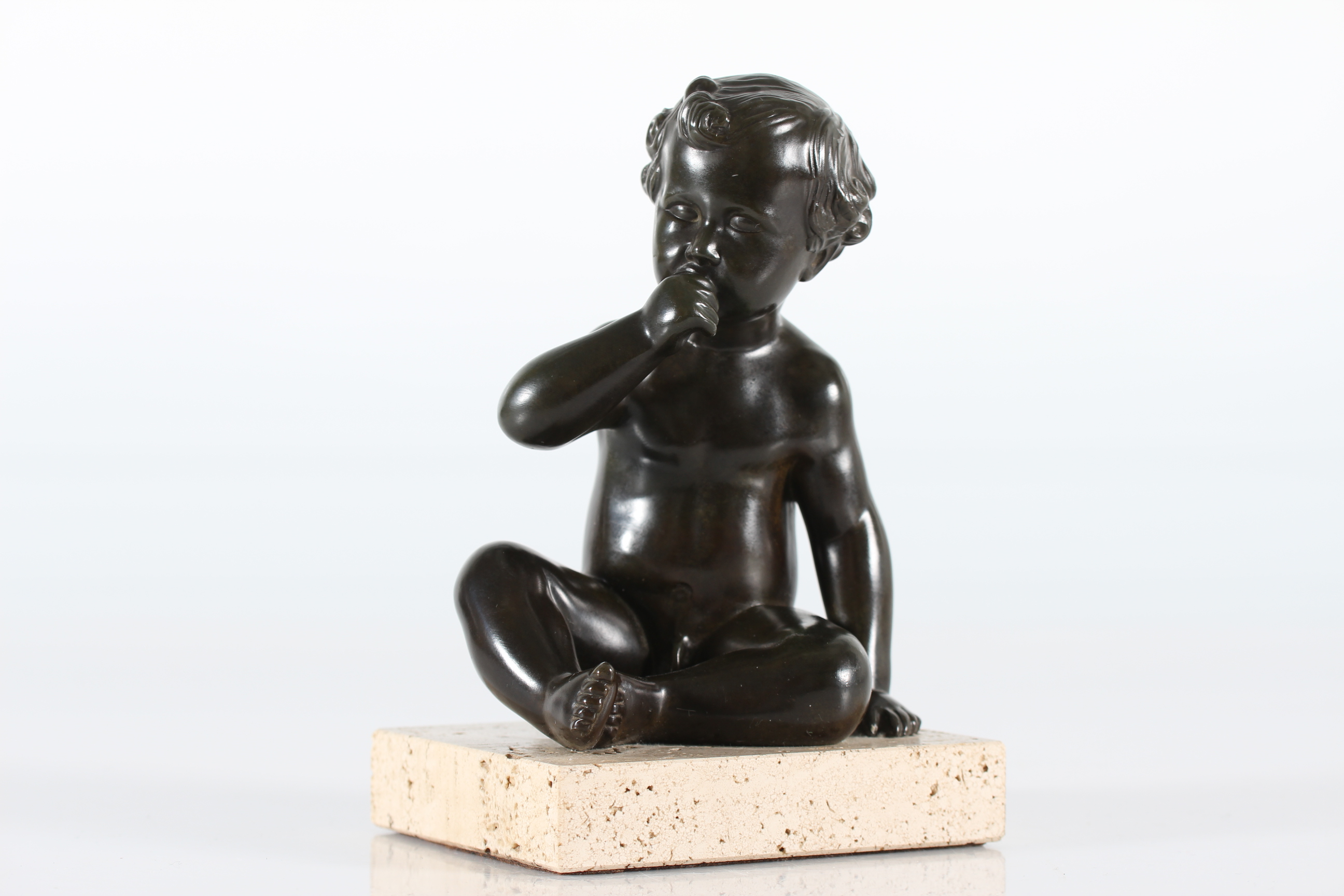 Just Andersen Figurine of Naked Boy, Disco Metal on Marble Plate, Denmark 1940s