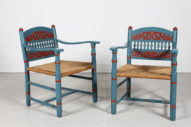Pair of Antique Farmer Chairs of Blue and Red Painted Wood with Cord Seats Denmark 1880s. In the Style of Axel Einar Hjorth / Thorvald Bindesbøll.