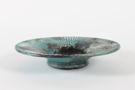 H. A. Kähler Art Deco Low Ceramic Bowl by Nils Kähler with Fluted Design and Verdigris Green Glaze  1930s