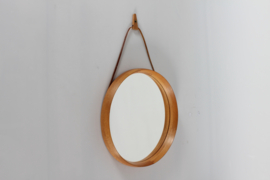 Uno and Osten Kristiansson Round Mirror of Oak with Leather Strap for Hanging by Luxus Vittsjö Sweden, 1970