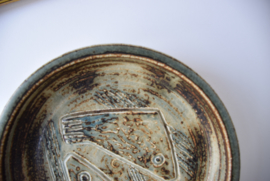 Jørgen Mogensen for Royal Copenhagen Big Circular Dish Abstract Bird / Fish Decor no 21937 Danish midcentury pottery