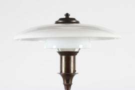 Sold - Danish Art Deco Table Lamp, Patinated Brass with Shades of White Opaline Glass, Fog & Mørup 1940s. Danish Lightning