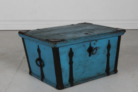 Kid Size Antique Swedish Campaign Chest/Storage Box with Patinated Blue Paint and Iron 1850s