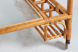 Vintage Cane Bar/Drinks Trolley on Wheels with Frosted Glass, Denmark, 1950s