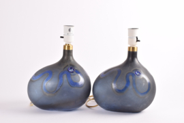 Pair of Michael Bang for Holmegaard Lamp Art "Asymmetrisk" Medium Midnight Blue Sculptural Glass Table Lamps. Danish Modern Lighting 1970s