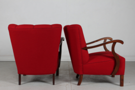 Pair of Art Deco Easy Chairs in Viggo Boesen Style, Dark Stained Beech + Red Wool, Denmark 1930's