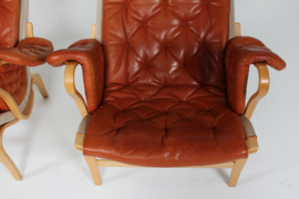 Pair Bruno Mathsson Pernilla Easy Chairs, Beech Wood with Cognac Colored Leather. Dux Sweden 1970s. Scandinavian Modern.