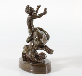 Just Andersen Figurine of Boy on Large Fish Made of Disco Metal, Denmark 1940s.
