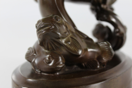 Just Andersen Figurine of Boy on Large Fish Made of Disco Metal, Denmark 1940s.