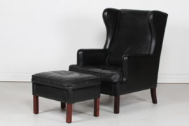 Danish Modern Wingback Chair with Stool  in Kaare Klint Style, Stained beech and Black Leather