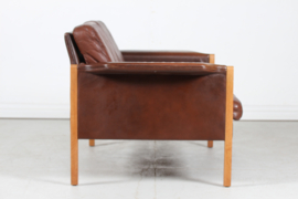 Finn Juhl style Two-Seat Sofa with Dark Cognac-Colored Leather Made in Denmark. Mid-century Modern