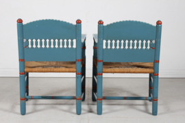 Pair of Antique Farmer Chairs of Blue and Red Painted Wood with Cord Seats Denmark 1880s. In the Style of Axel Einar Hjorth / Thorvald Bindesbøll.
