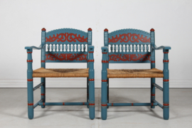 Pair of Antique Farmer Chairs of Blue and Red Painted Wood with Cord Seats Denmark 1880s. In the Style of Axel Einar Hjorth / Thorvald Bindesbøll.