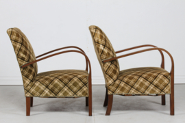 Danish Art Deco 2 Club Chairs Almost Identical of Dark Wood and Checked Velour, 1940s
