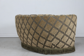 Danish Art Deco Curved Sofa/ Couch, Green Velour Upholstery with a Diagonal Floral Design. Made in Denmark in the 1950s.