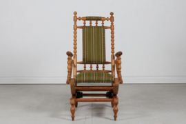 Danish Rocking Chair in the Style of Henning Kjærnulf. Solid Oak, Striped Wool and Brass Nails 1970s. Vintage Danish Design.