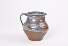 Gutte Eriksen Studio Pottery Small Pitcher with Blue & Brown Glaze and Embossed Decor Danish Mid-century Ceramic