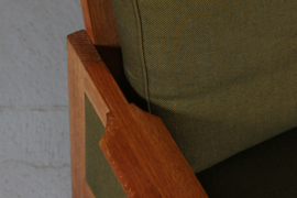Illum Wikkelsø Capella Sofa of Oak with Green Cushions by Niels Eilersen Denmark. Danish Modern 1960s