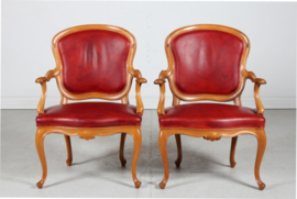 Pair Danish Rococo Armchairs of Walnut and Red Aniline Leather from ca. 1880