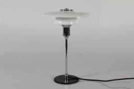 Danish Art Deco 1930s Table Lamp in Poul Henningsen Style, White Opaline Glass and Chrome.