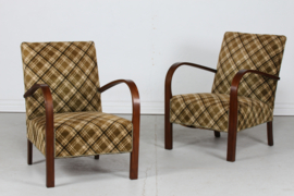 Danish Art Deco 2 Club Chairs Almost Identical of Dark Wood and Checked Velour, 1940s