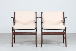 Arne Hovmand-Olsen Pair of Teak Armchairs with Light Colored Fabric, Mid-century Danish Modern 1960s.