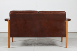 Finn Juhl style Two-Seat Sofa with Dark Cognac-Colored Leather Made in Denmark. Mid-century Modern