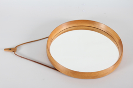 Uno and Osten Kristiansson Round Mirror of Oak with Leather Strap for Hanging by Luxus Vittsjö Sweden, 1970