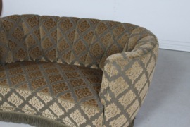 Danish Art Deco Curved Sofa/ Couch, Green Velour Upholstery with a Diagonal Floral Design. Made in Denmark in the 1950s.