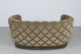 Danish Art Deco Curved Sofa/ Couch, Green Velour Upholstery with a Diagonal Floral Design. Made in Denmark in the 1950s.