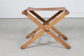 Danish Artist Stool of Beech and Cognac Colored Leather Mounted with Brass Nails.  1950s. Vintage Mid-century Design.